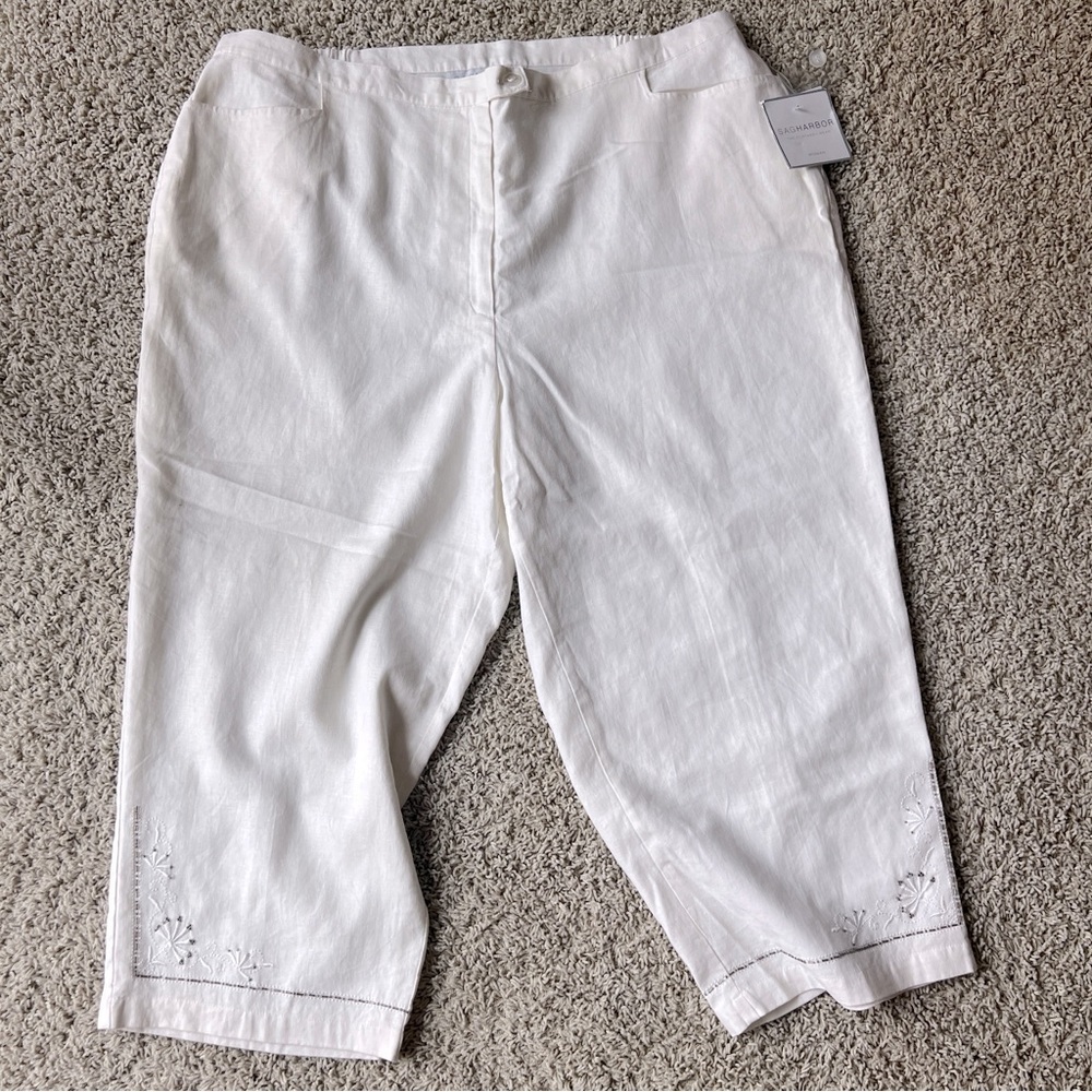 NWT Sag Harbor Woman Linen Crop Pants Size 20W Beadwork Embroidery Cream R11